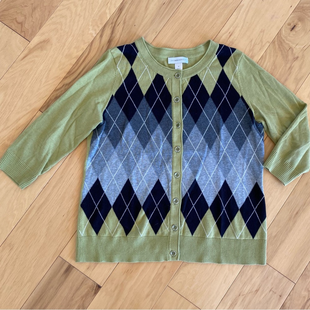 Y2K Green and Blue Argyle Cardigan Academia Pretty aesthetic Preppy Retro cotton